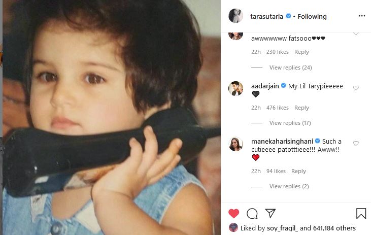 Tara sutaria, Tara sutaria shares childhood picture, तारा सुतारिया, तारा सुतारिया ने शेयर की बचपन की एक तस्वीर, तारा की तस्वीर पर आदर ने किया कमेंट