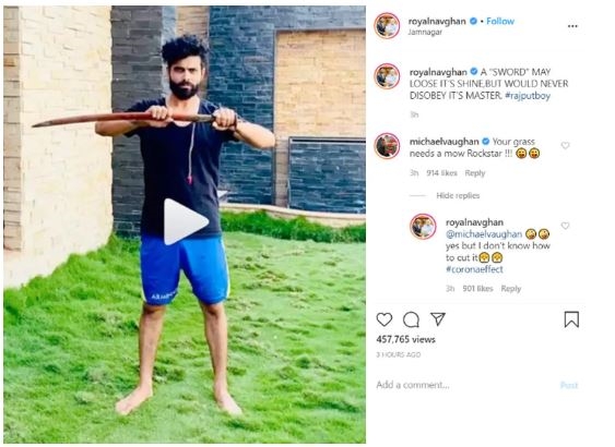 Ravindra Jadeja shows off his famed swordsmanship skills