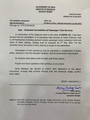 Railways extends suspension of passenger services till May 3