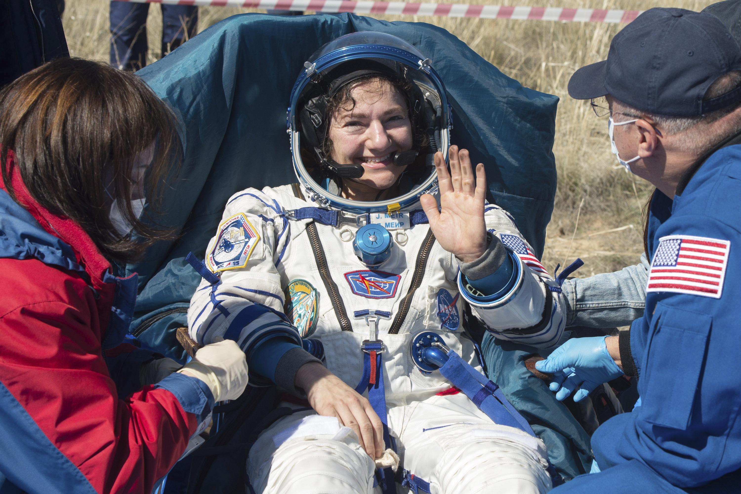 US astronaut Jessica Meir sits in the capsule shortly after the landing of the Russian Soyuz MS-15 space capsule near Kazakh town of Dzhezkazgan, Kazakhstan, on Friday.