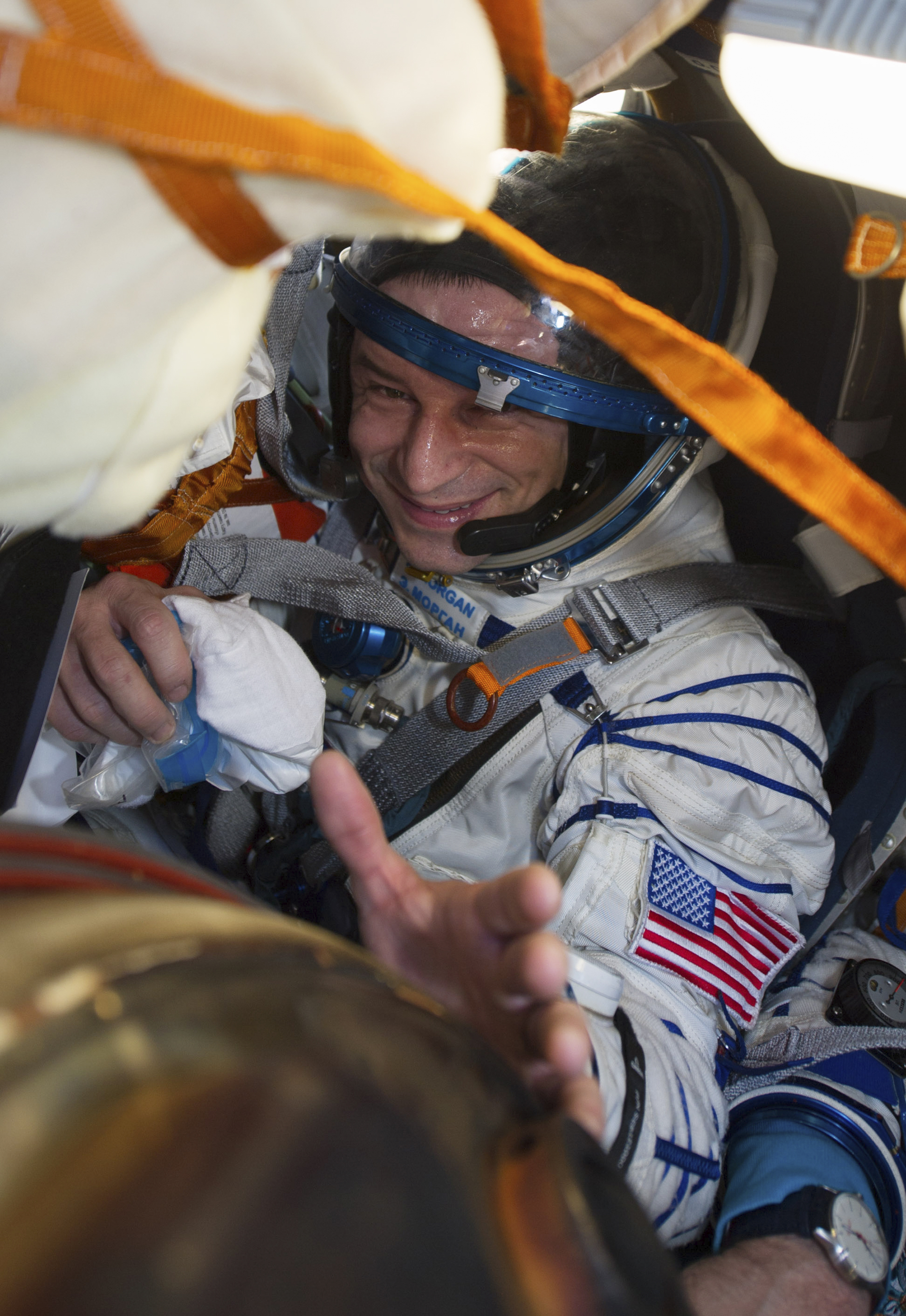 US astronaut Jessica Meir sits in the capsule shortly after the landing of the Russian Soyuz MS-15 space capsule near Kazakh town of Dzhezkazgan, Kazakhstan, on Friday.