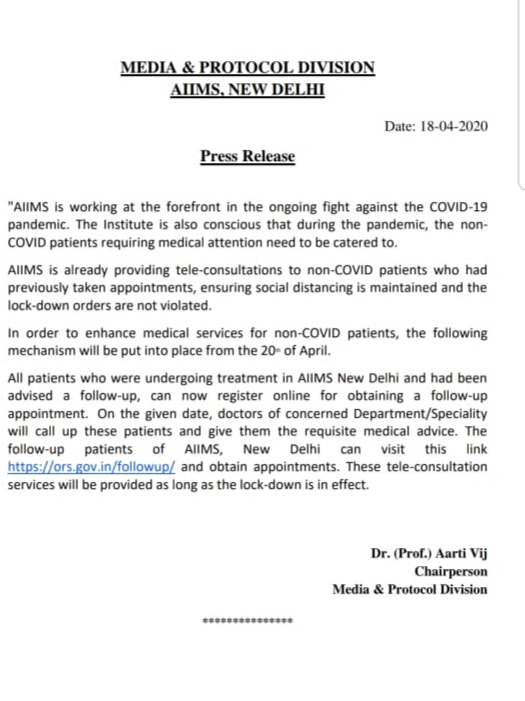 telemedicine for non covid-19 patient at aiims starts during lockdown 2