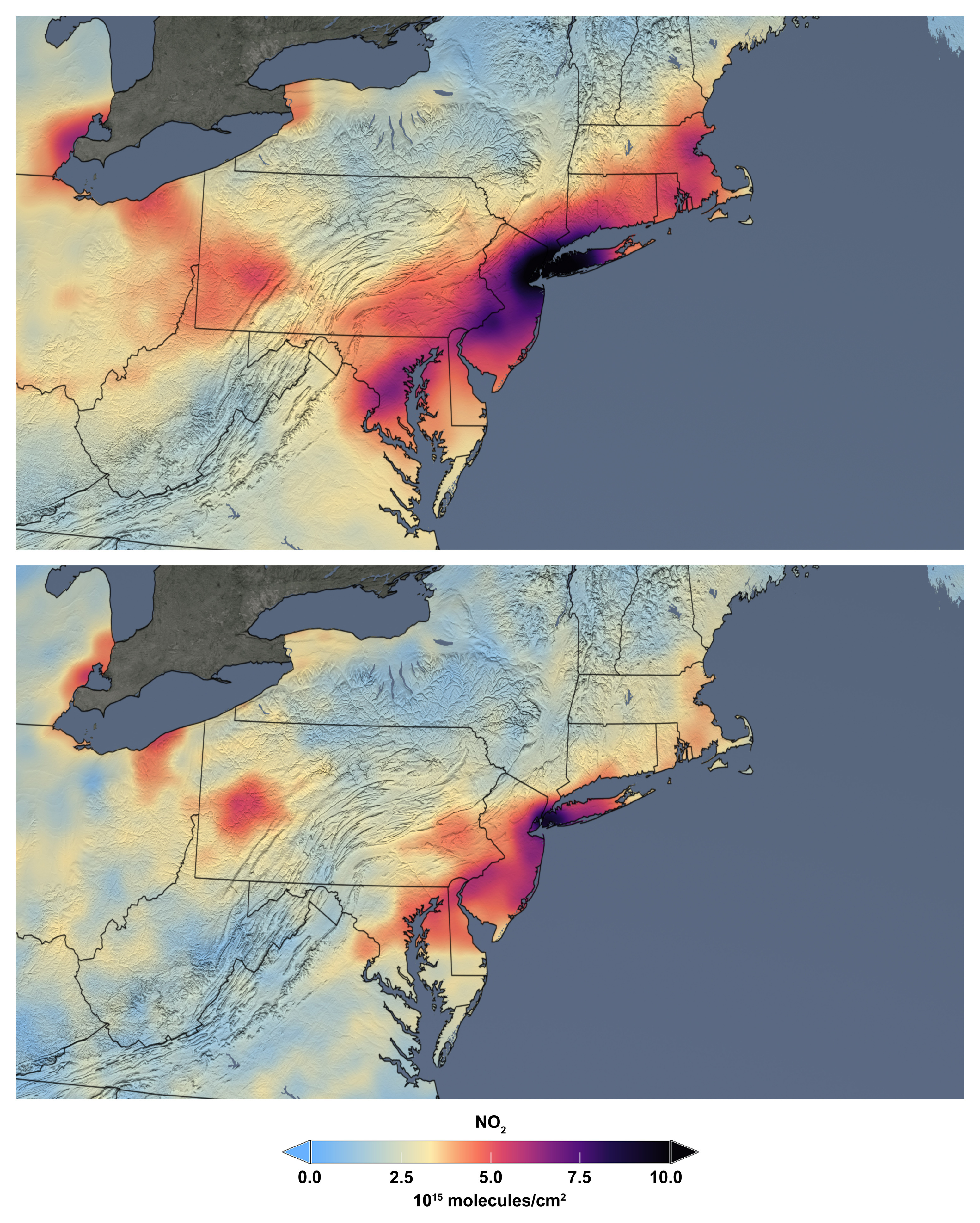 These maps made available by NASA shows the average concentration of nitrogen dioxide in March 2015-19, top, and in March 2020 as people stay home against the COVID-19 coronavirus.