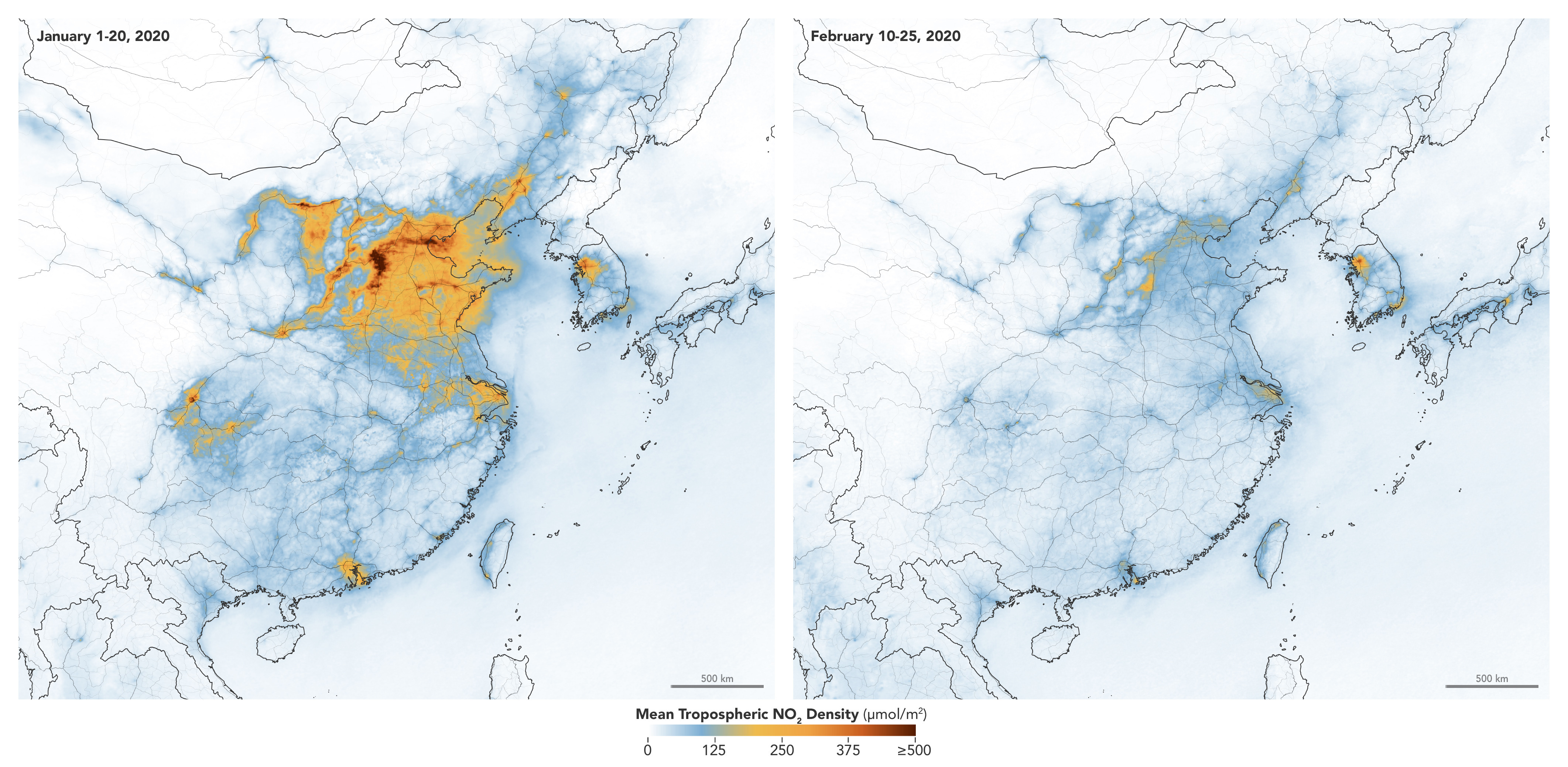 These maps made available by NASA show concentrations of nitrogen dioxide across China from January 1-20, 2020, before the quarantine against the COVID-19 coronavirus, and February 10-25, during the quarantine.