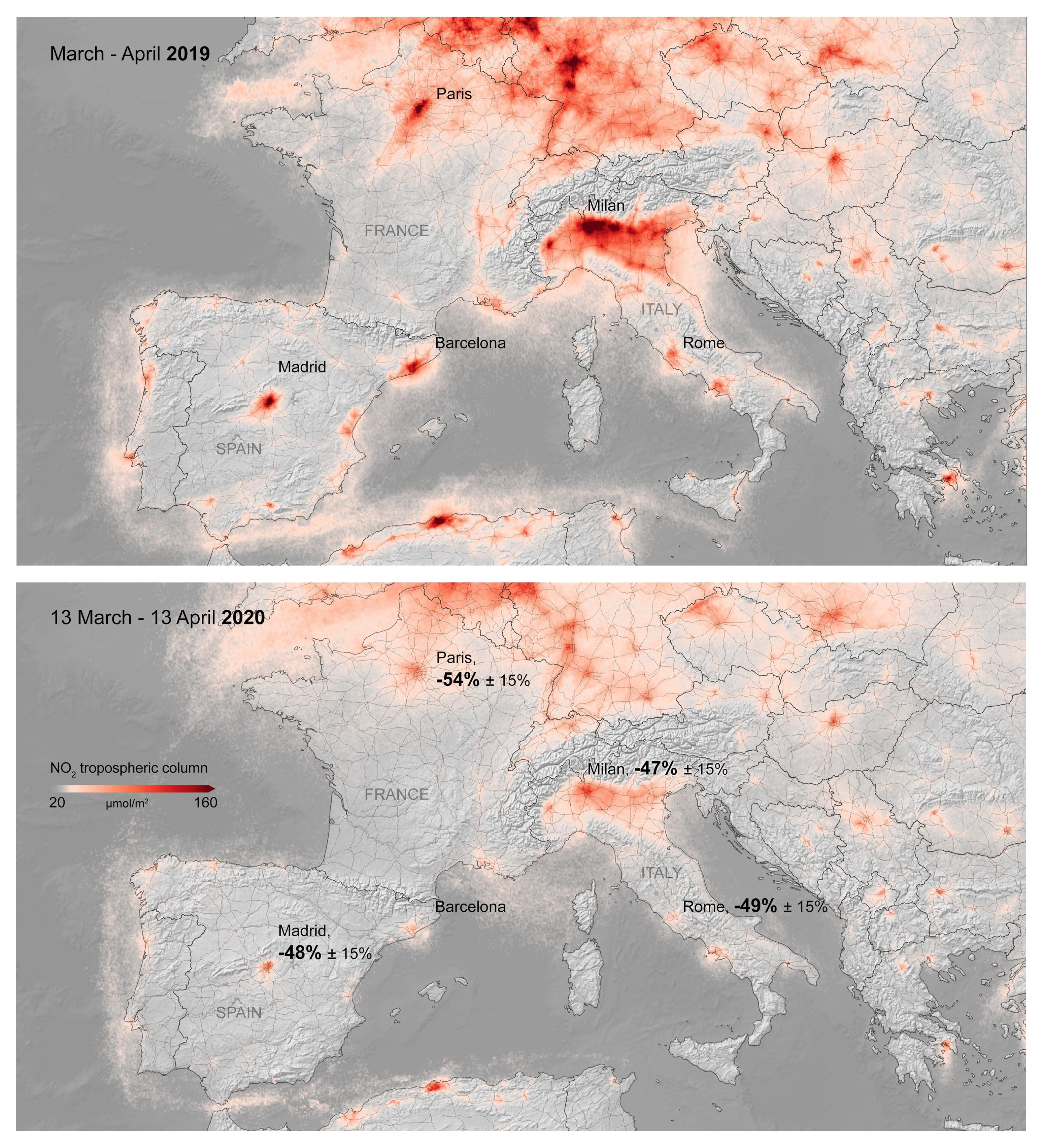 These maps made available by the Royal Netherlands Meteorological Institute and European Space agency show the average nitrogen dioxide concentrations over Europe in March - April 2019, top, and from March 13 - April 13, 2020 during a lockdown against the COVID-19 coronavirus.