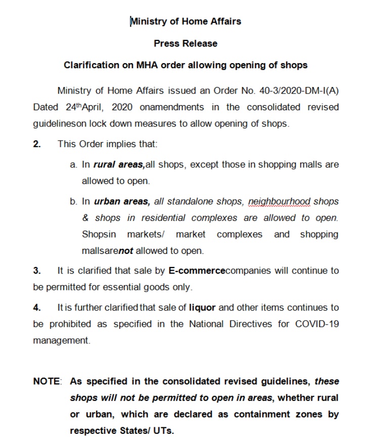 MHA issues clarification on order allowing opening of shops