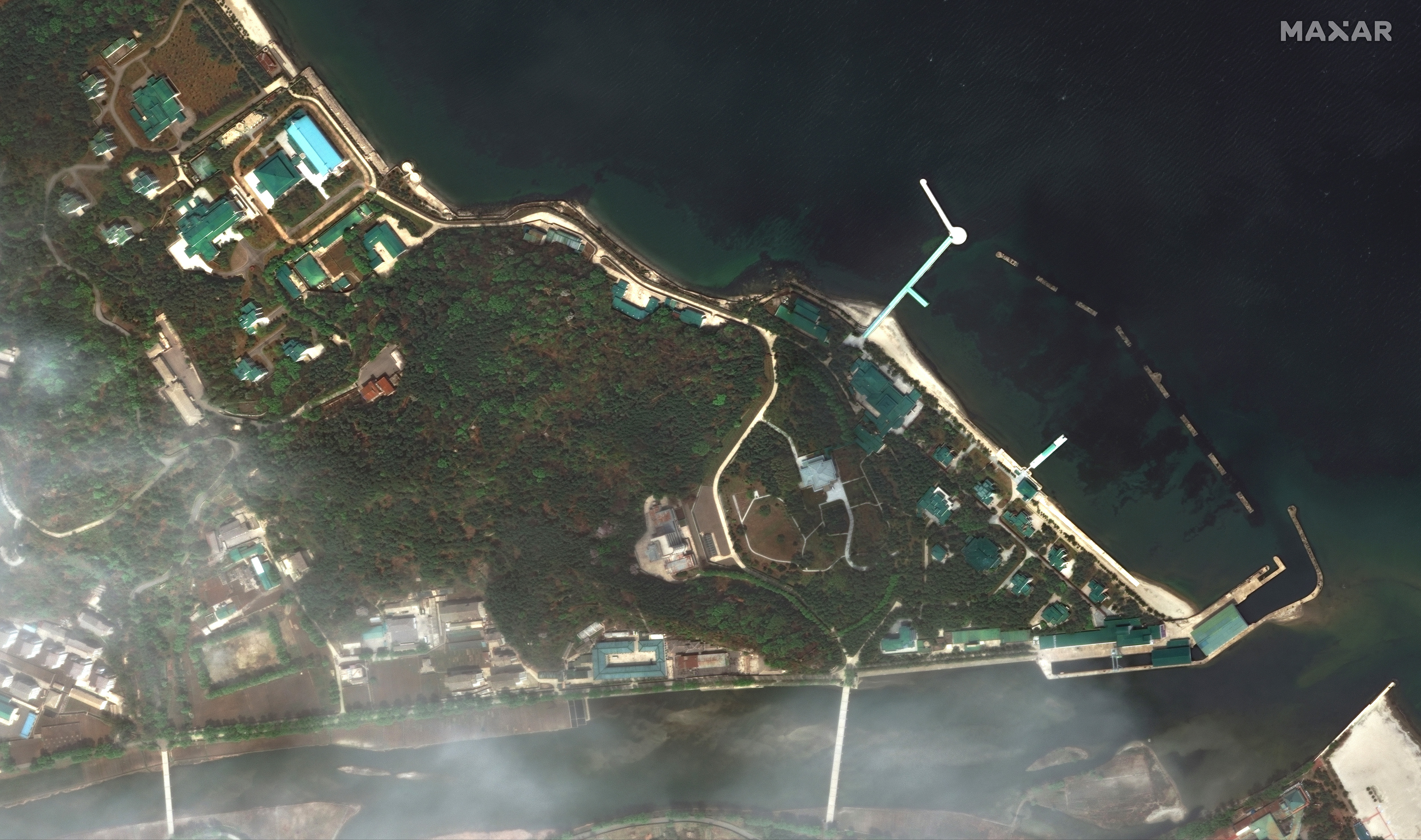 This Tuesday, April 21, 2020, satellite image provided by Maxar Technologies shows overview of Wonsan leadership complex in Wonsan, North Korea.