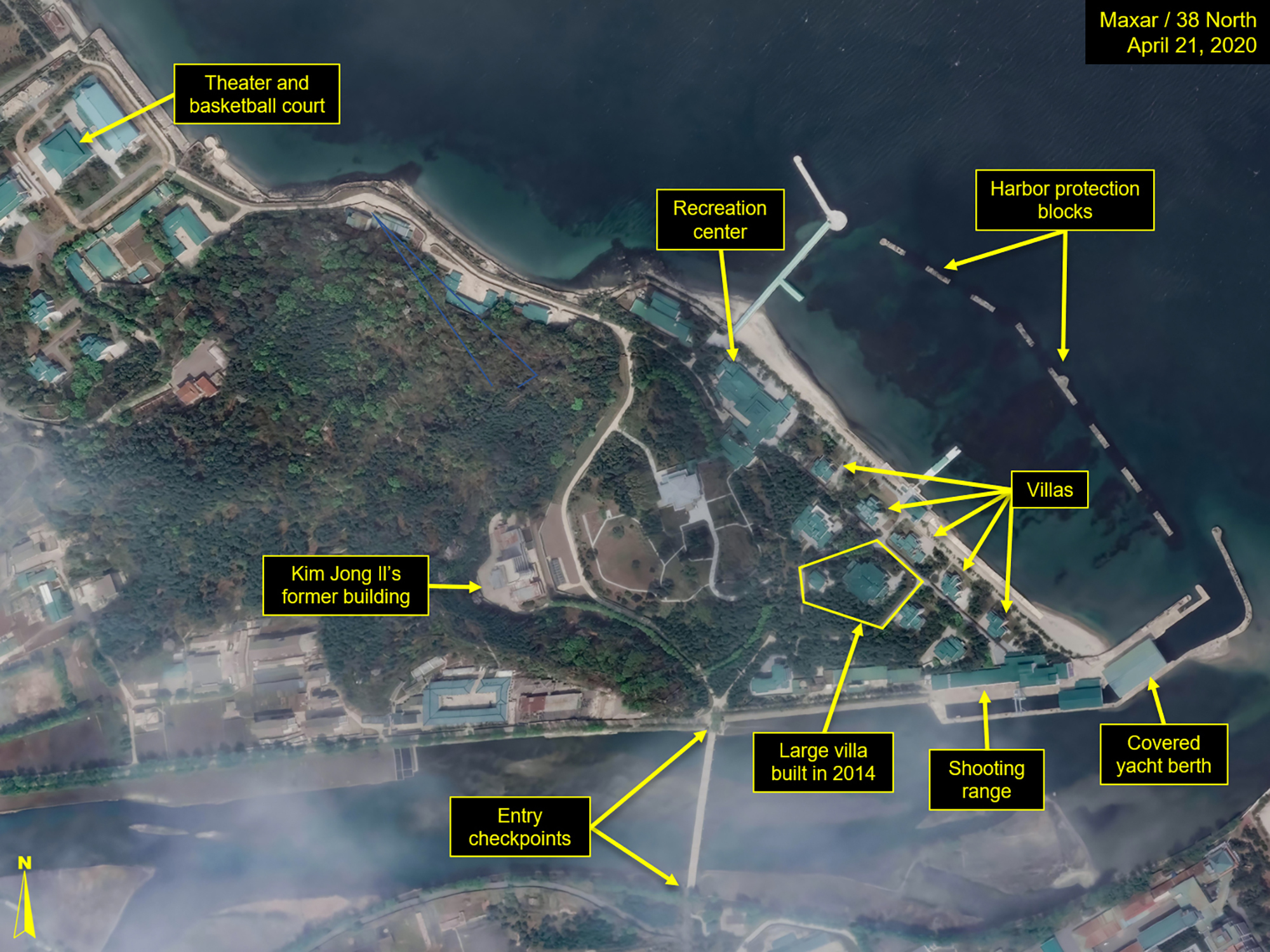 This Tuesday, April 21, 2020, satellite image provided by Maxar Technologies and annotated by 38 North, a website specializing in North Korea studies, shows overview of Wonsan complex in Wonsan, North Korea.