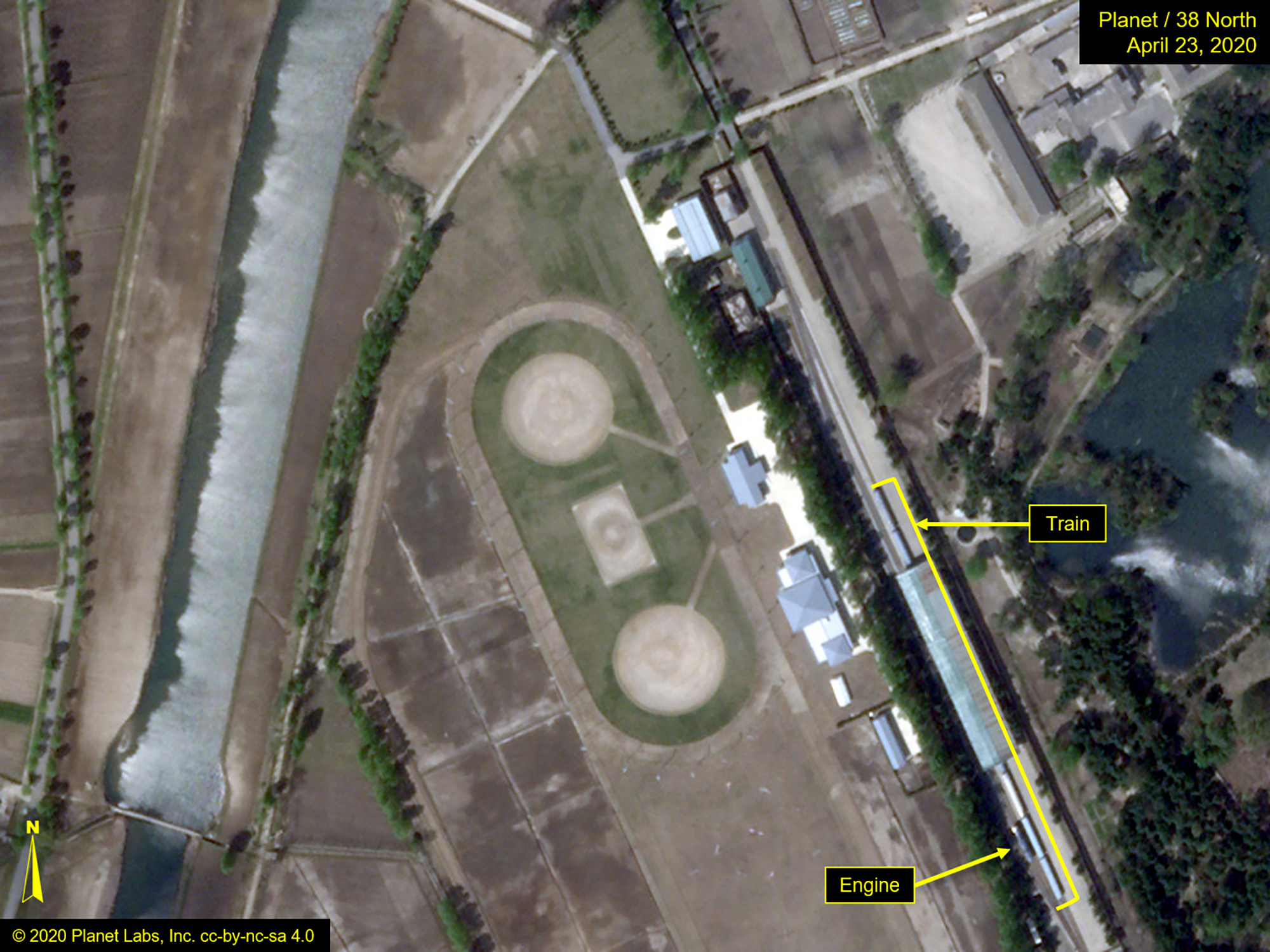 This Thursday, April 23, 2020, satellite image provided by Planet Labs and annotated by 38 North, a website specializing in North Korea studies, shows the Leadership Railway Station in Wonsan, North Korea.