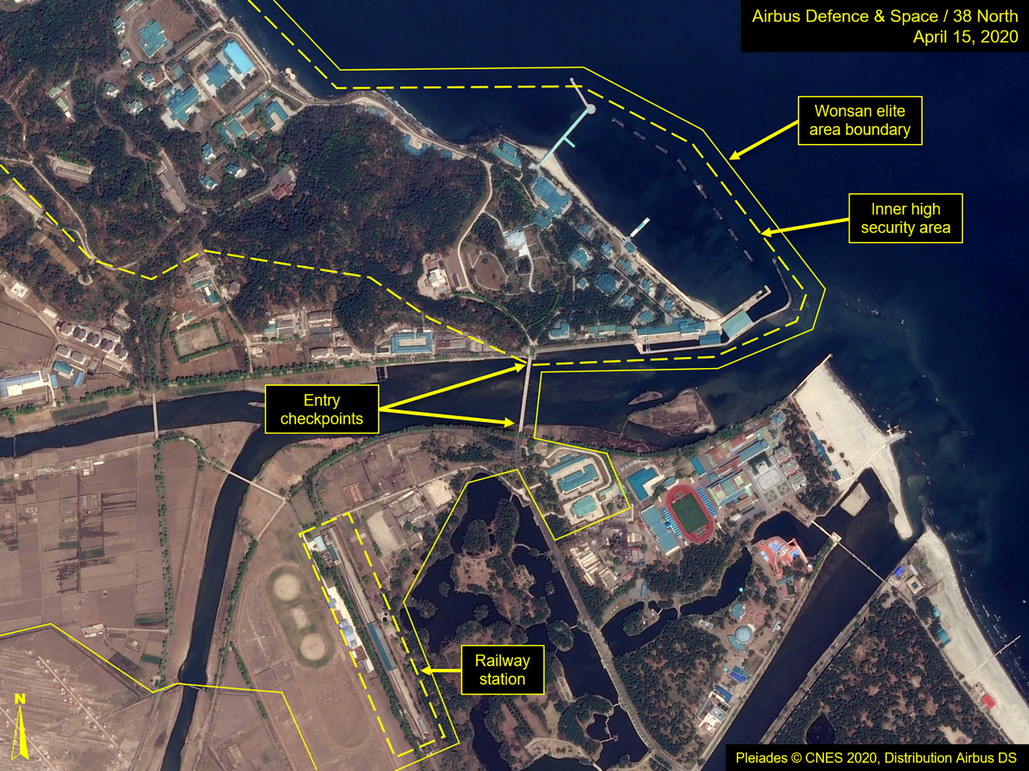 This Wednesday, April 15, 2020, satellite image provided by Airbus Defence & Space and annotated by 38 North, a website specializing in North Korea studies, shows overview of Wonsan complex in Wonsan, North Korea.