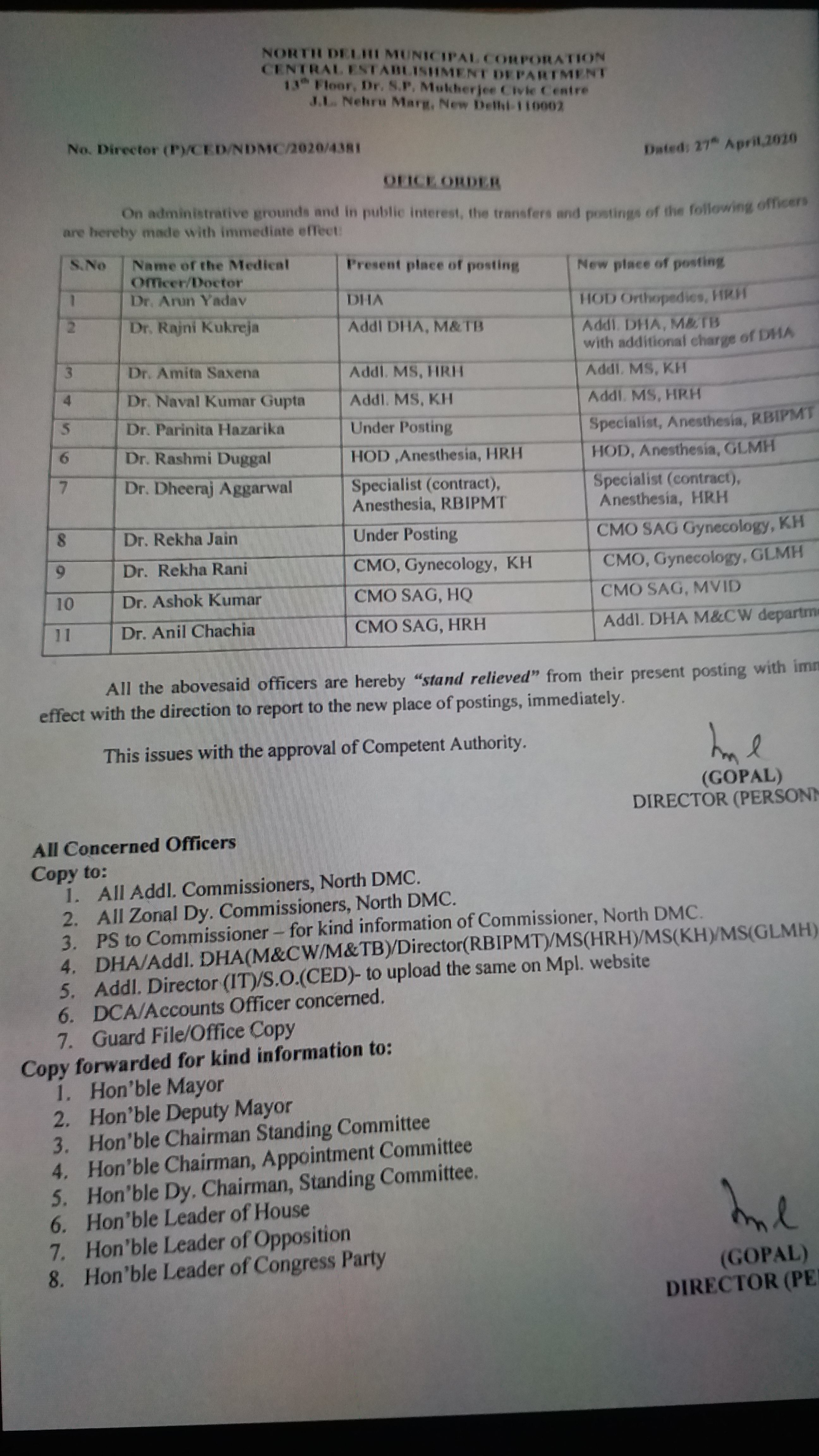 North MCD Health Department transferred 11 officers of hindu rao hospital in delhi