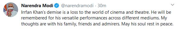 will be remembered for versatile performances pm modi condoles irrfan khans demise