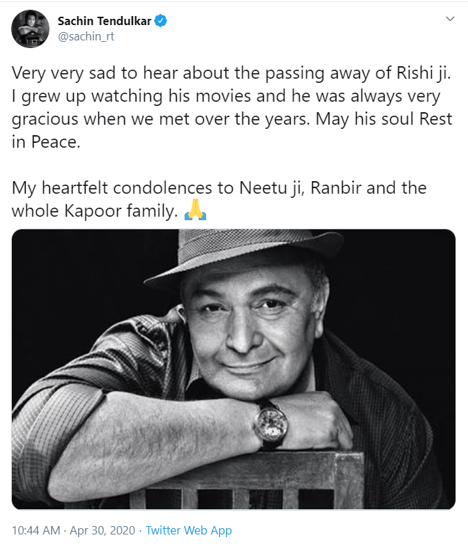 Sachin, mithali, Harbhajan extend heartfelt condolences to Rishi Kapoor's family