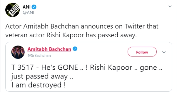 Amitabh Bachchan's tweet revealing the passing away of Rishi Kapoor