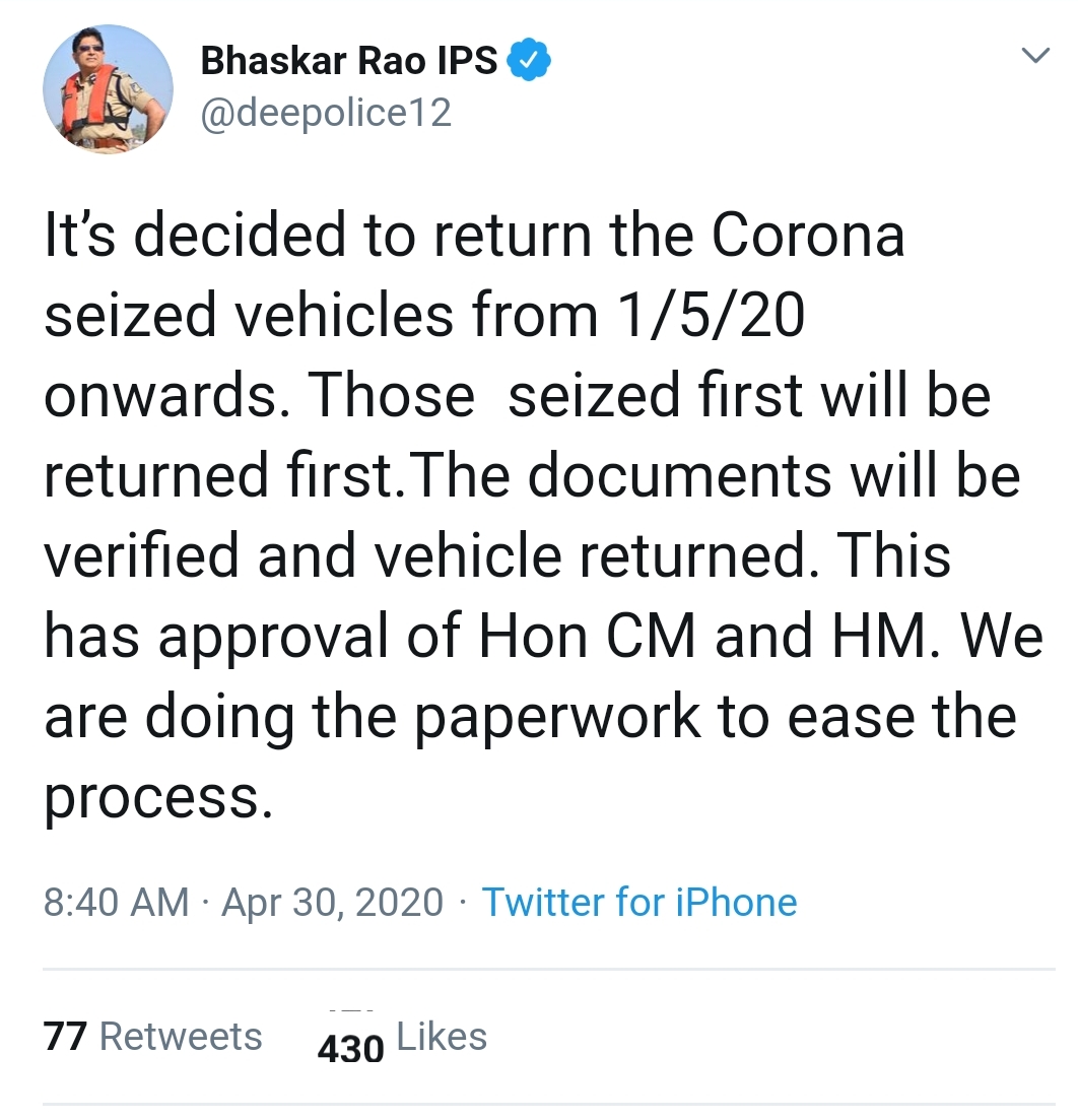 bhaskar rao tweet about seized vehicle