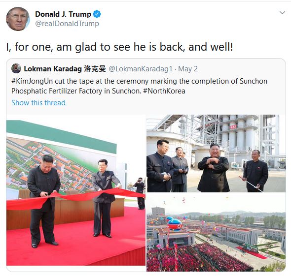 Trump says 'glad' Kim Jong Un 'is back, and well'