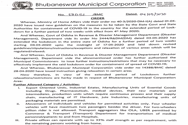 The new guidelines were issued after Bhubaneswar was declared a red zone