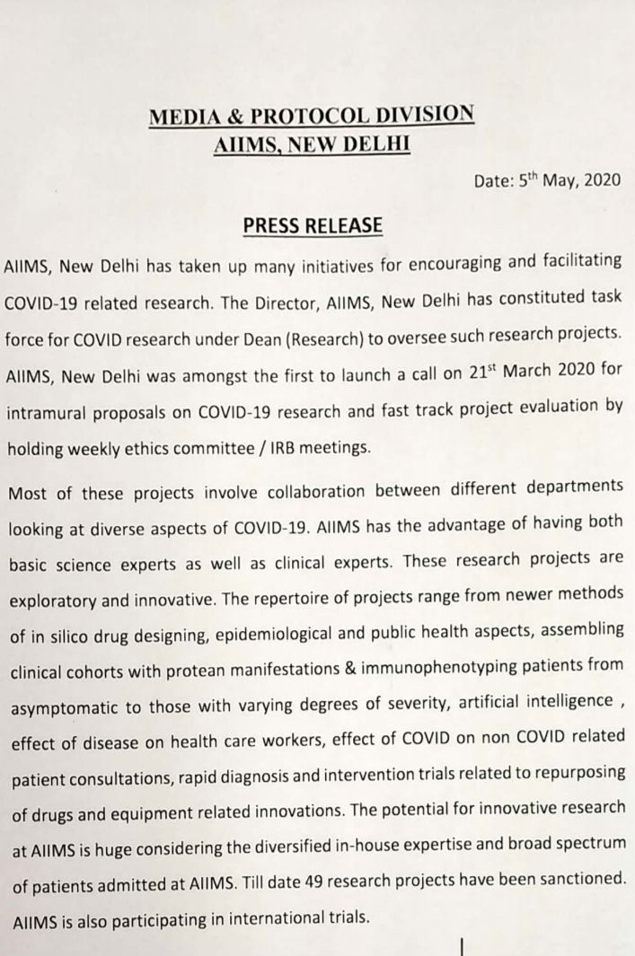 AIIMS doing 49 research on covid-19 at delhi