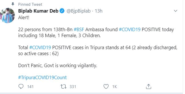 TRIPURA_COVID 19 POSITIVE CASESE RISES TO 64