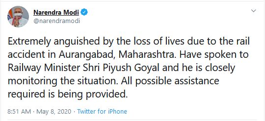 PM condoles death of migrant workers in Maharashtra train accident