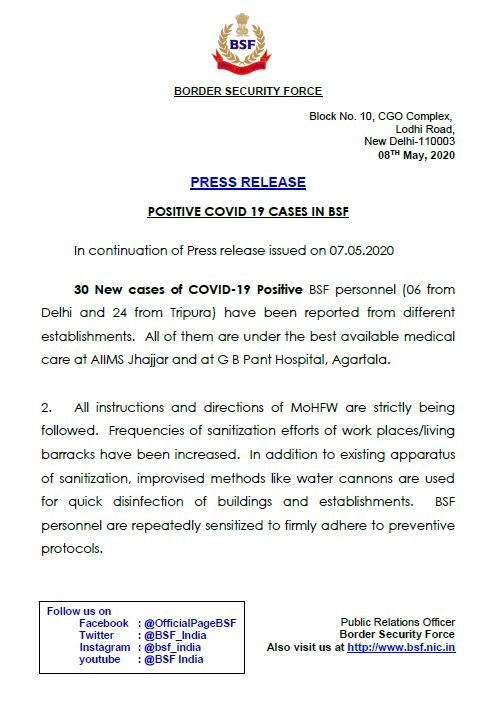 New cases of COVID-19 Positive BSF personnel