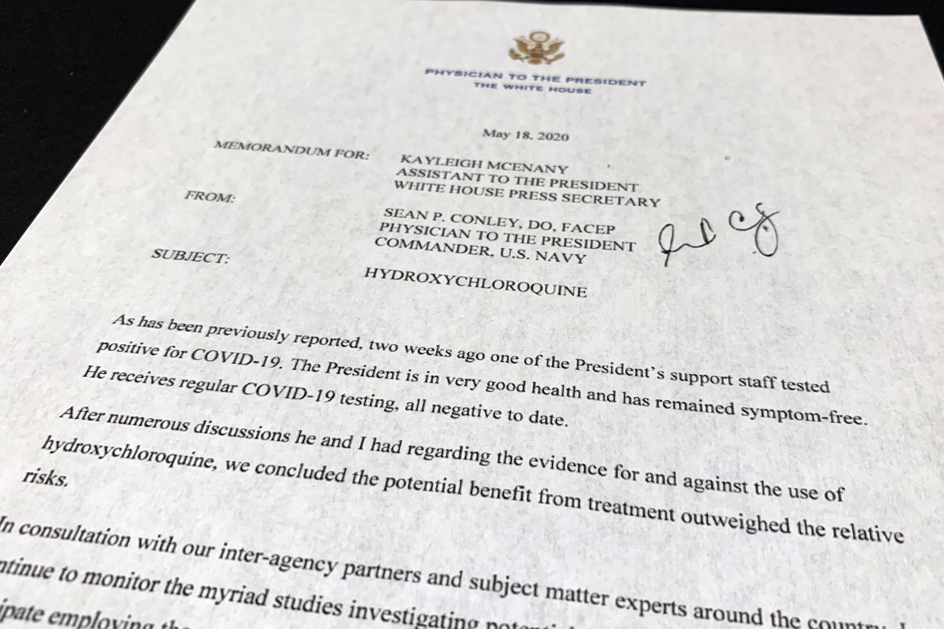 The letter from White House physician Sean Conley to White House press secretary Kayleigh McEnany about President Donald Trump taking Hydroxychloroquine is photographed on Monday.