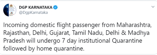 Karnataka DGP tweets on incoming flight passengers in the state.