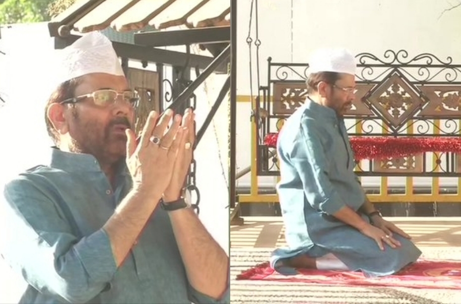 Union Minister of Minority Affairs Mukhtar Abbas Naqvi offers Eid namaz at his residence