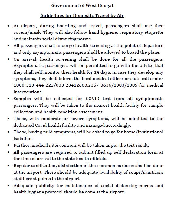 West Bengal government issues guidelines for domestic air travel