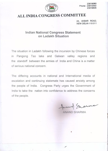 Congress statement on Ladakh situation