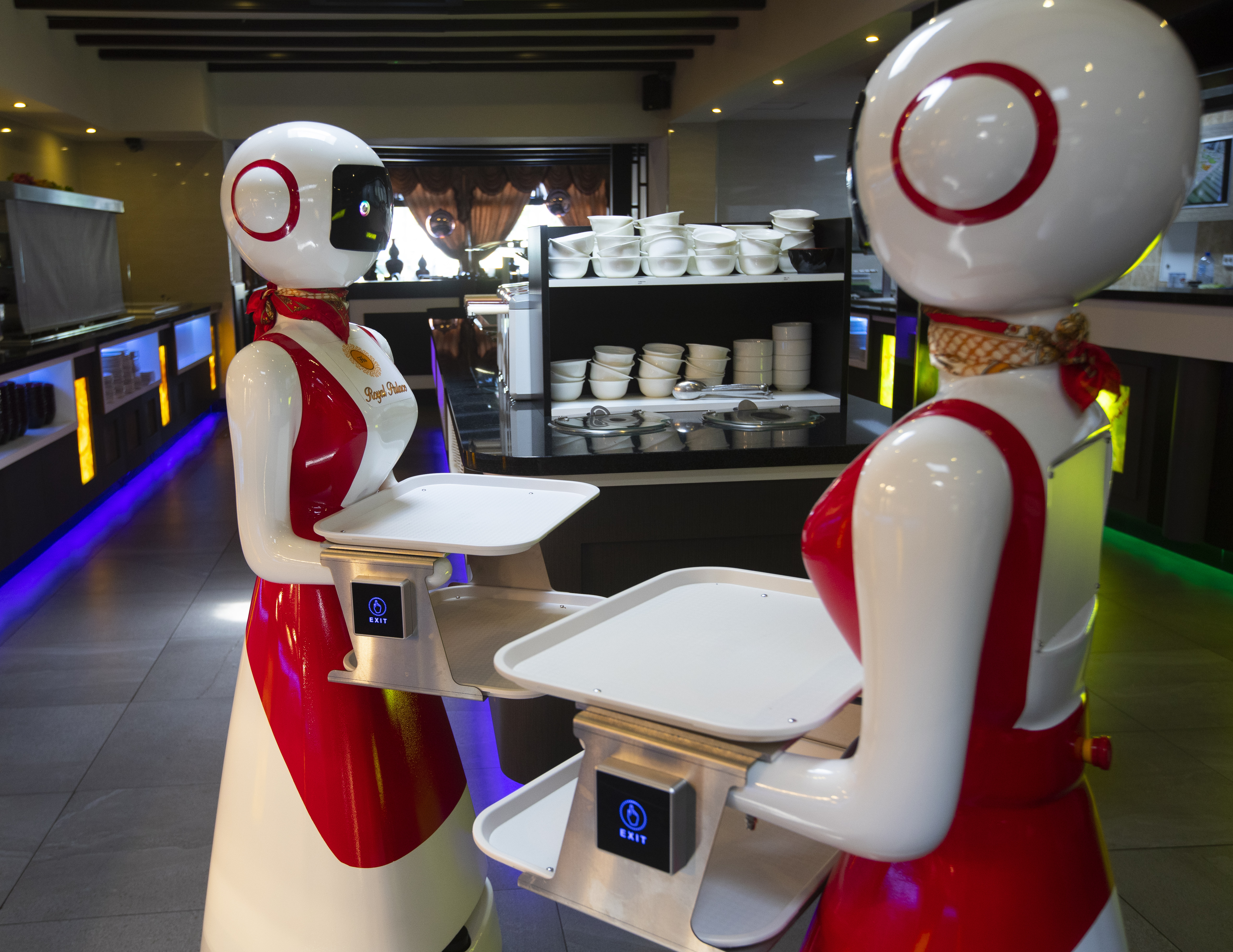 Robots, for serving purposes or for dirty dishes collection, advance as part of a tryout of measures to respect social distancing and help curb the spread of the COVID-19 coronavirus, at the Hu family's Royal Palace restaurant in Renesse, on Wednesday.