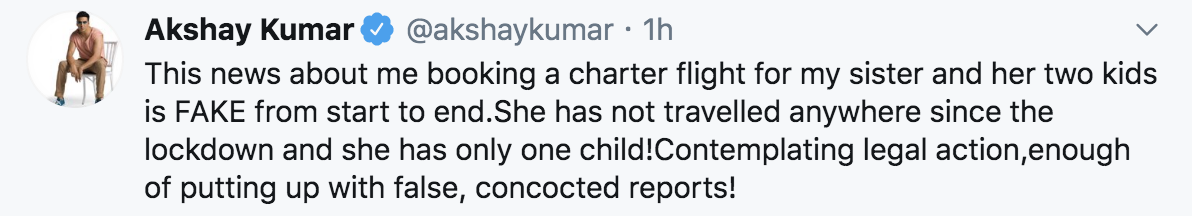 Akshay denies booking charter flight for sister, threatens legal action against 'fake news'