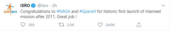 ISRO congratulates NASA and SpaceX for their 