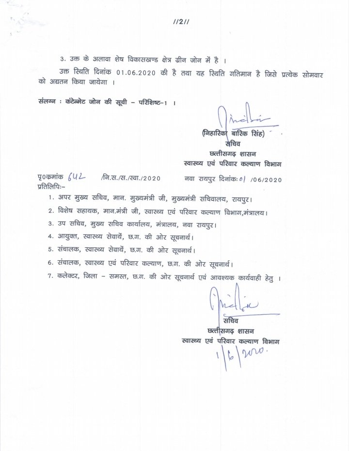 red orange green zone and Containment areas in chhattisgarh