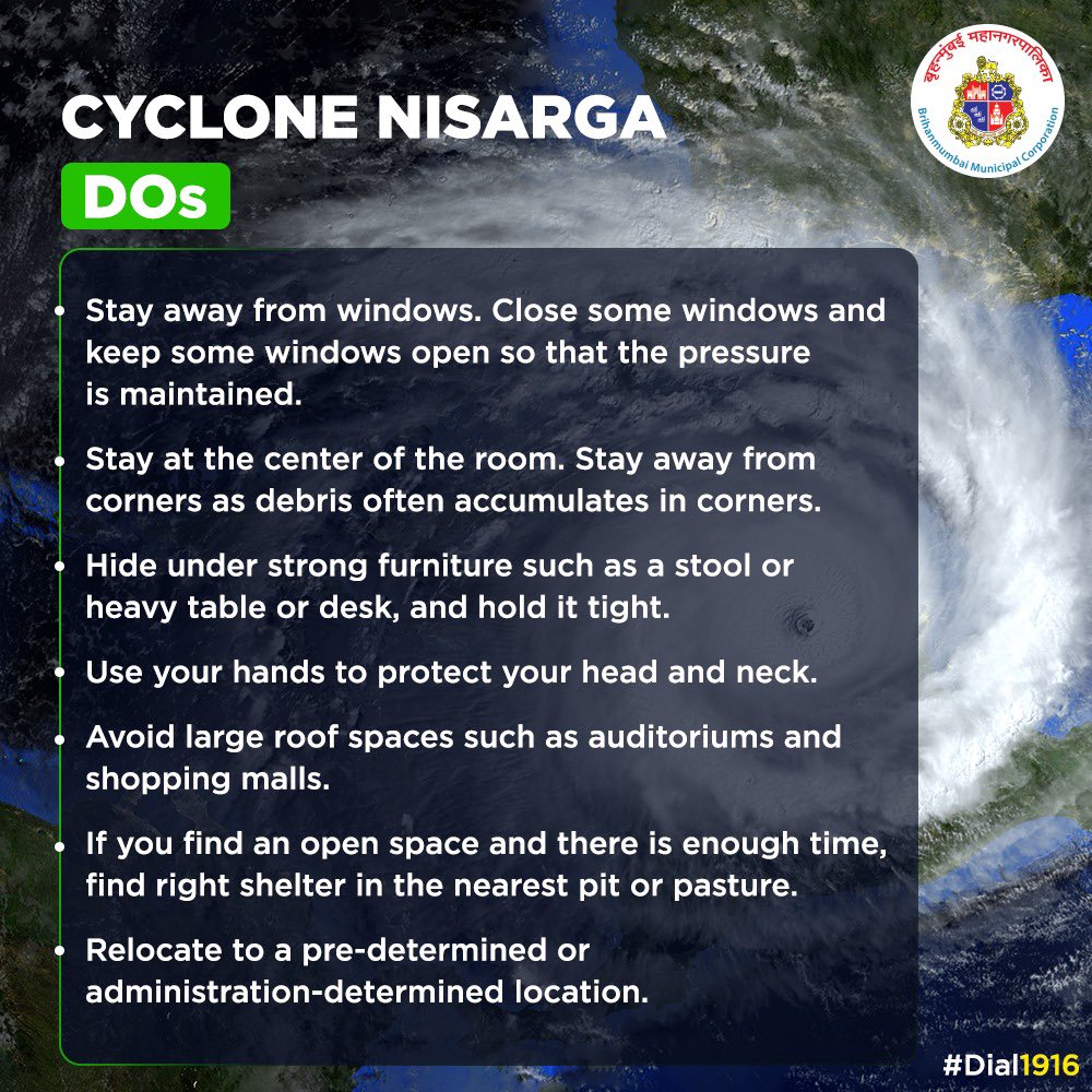 നിസർഗ  Cyclone Nisarga  BMC issues Do's and Don'ts for people in Mumbai  ബ്രിഹൻമുംബൈ മുനിസിപ്പൽ കോർപ്പറേഷൻ മാർഗനിർദേശങ്ങൾ പുറത്തുവിട്ടു.