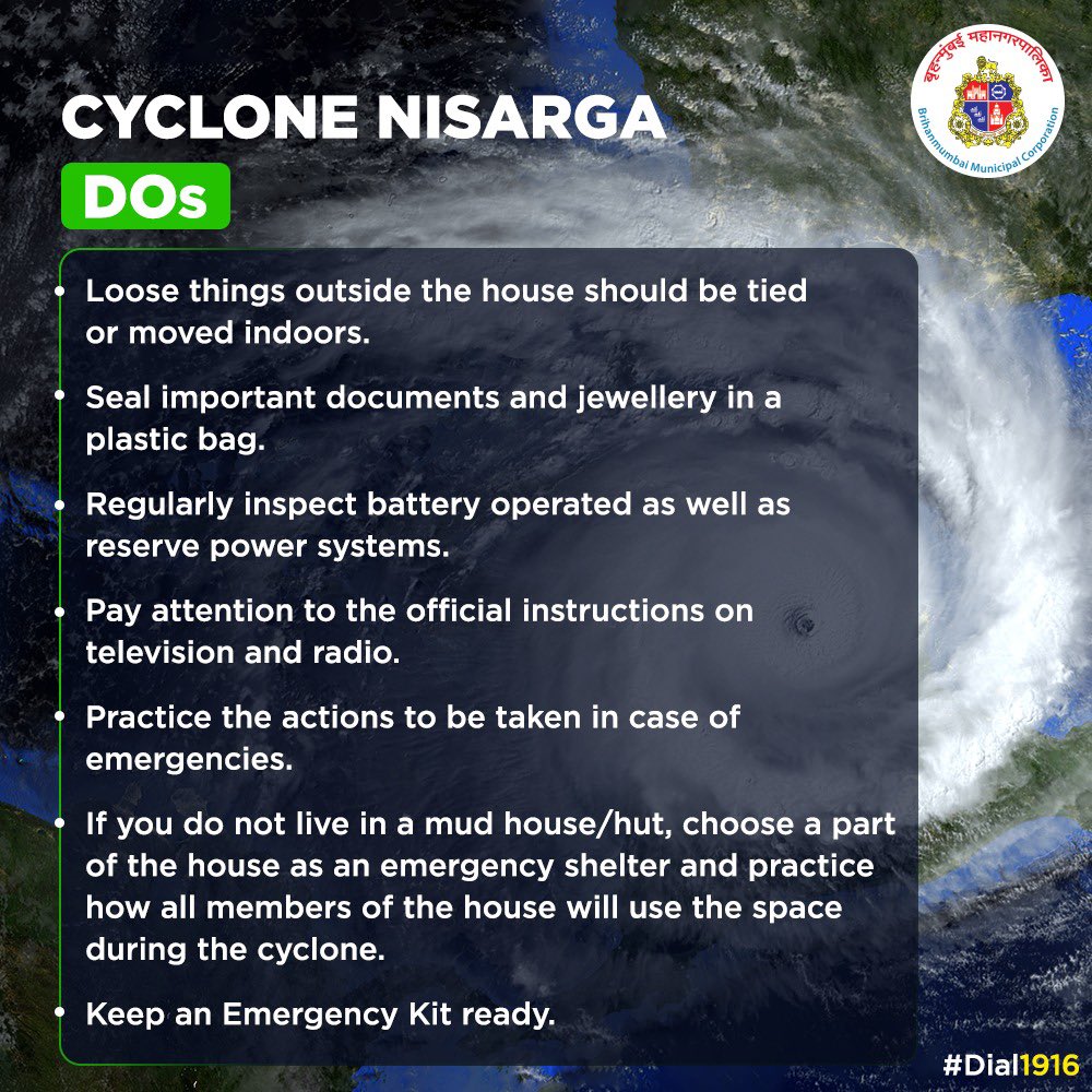 നിസർഗ  Cyclone Nisarga  BMC issues Do's and Don'ts for people in Mumbai  ബ്രിഹൻമുംബൈ മുനിസിപ്പൽ കോർപ്പറേഷൻ മാർഗനിർദേശങ്ങൾ പുറത്തുവിട്ടു.