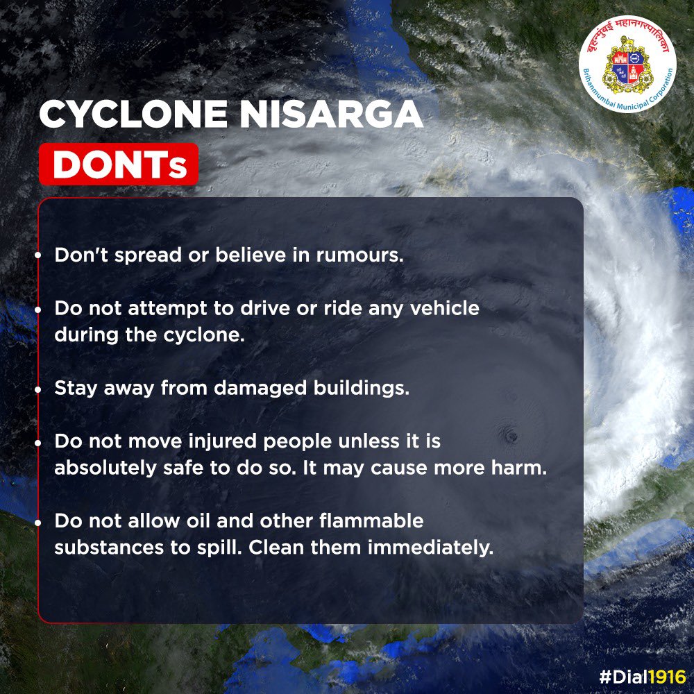 നിസർഗ  Cyclone Nisarga  BMC issues Do's and Don'ts for people in Mumbai  ബ്രിഹൻമുംബൈ മുനിസിപ്പൽ കോർപ്പറേഷൻ മാർഗനിർദേശങ്ങൾ പുറത്തുവിട്ടു.