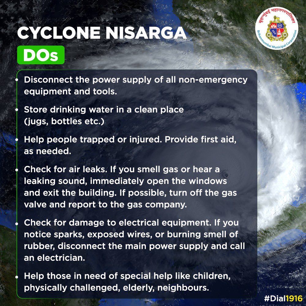 നിസർഗ  Cyclone Nisarga  BMC issues Do's and Don'ts for people in Mumbai  ബ്രിഹൻമുംബൈ മുനിസിപ്പൽ കോർപ്പറേഷൻ മാർഗനിർദേശങ്ങൾ പുറത്തുവിട്ടു.