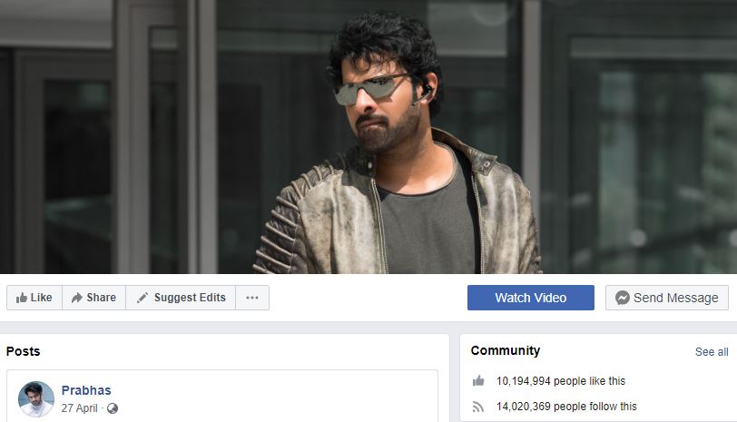 Tollywood Bahubali Prabhas Crossed 14 Million Followers in facebook