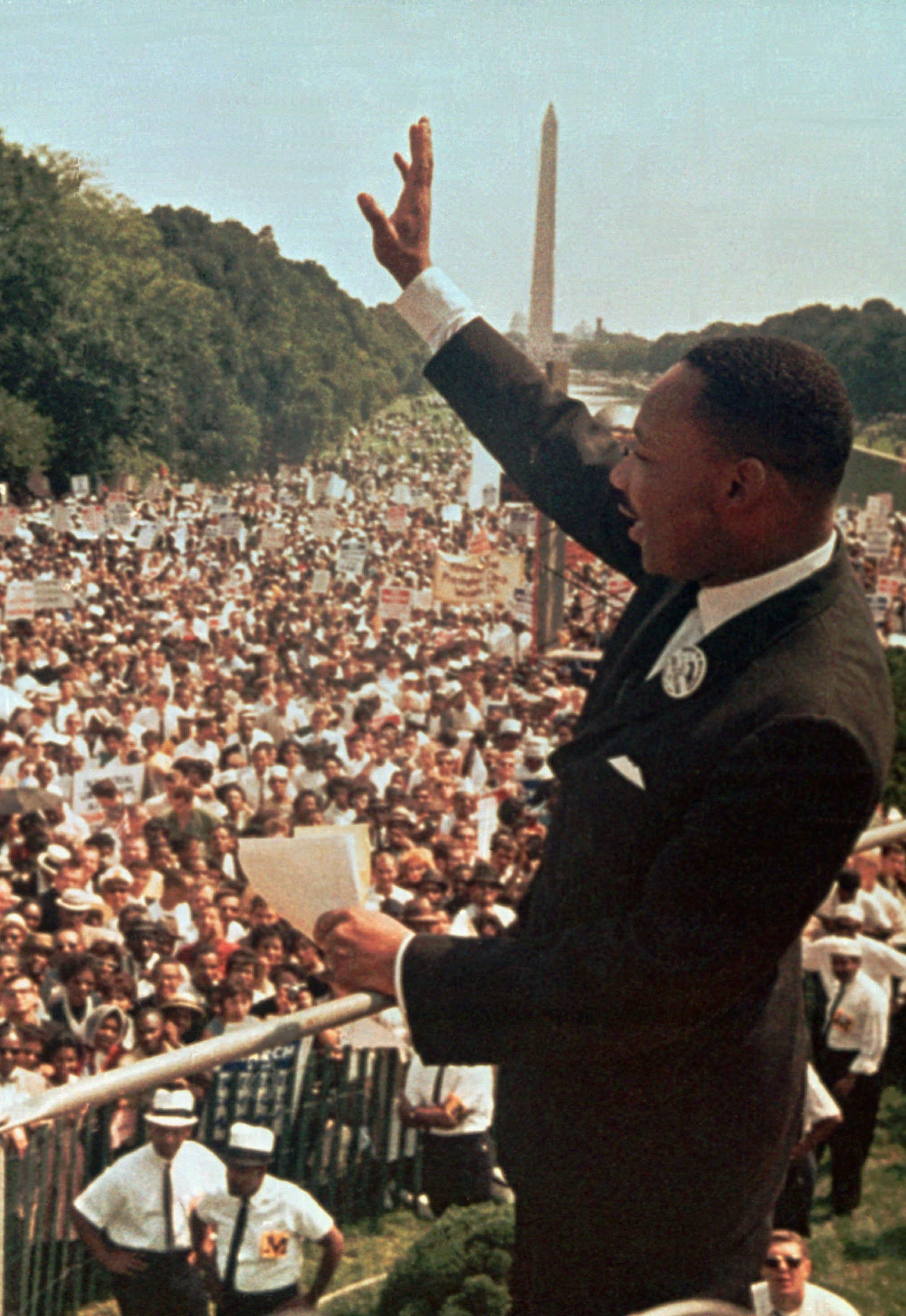 The Rev. Martin Luther King Jr. acknowledges the crowd at the Lincoln Memorial for his 