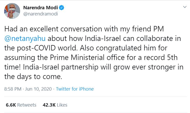 Narendra Modi on Wednesday congratulated his Israeli counterpart Benjamin Netanyahu