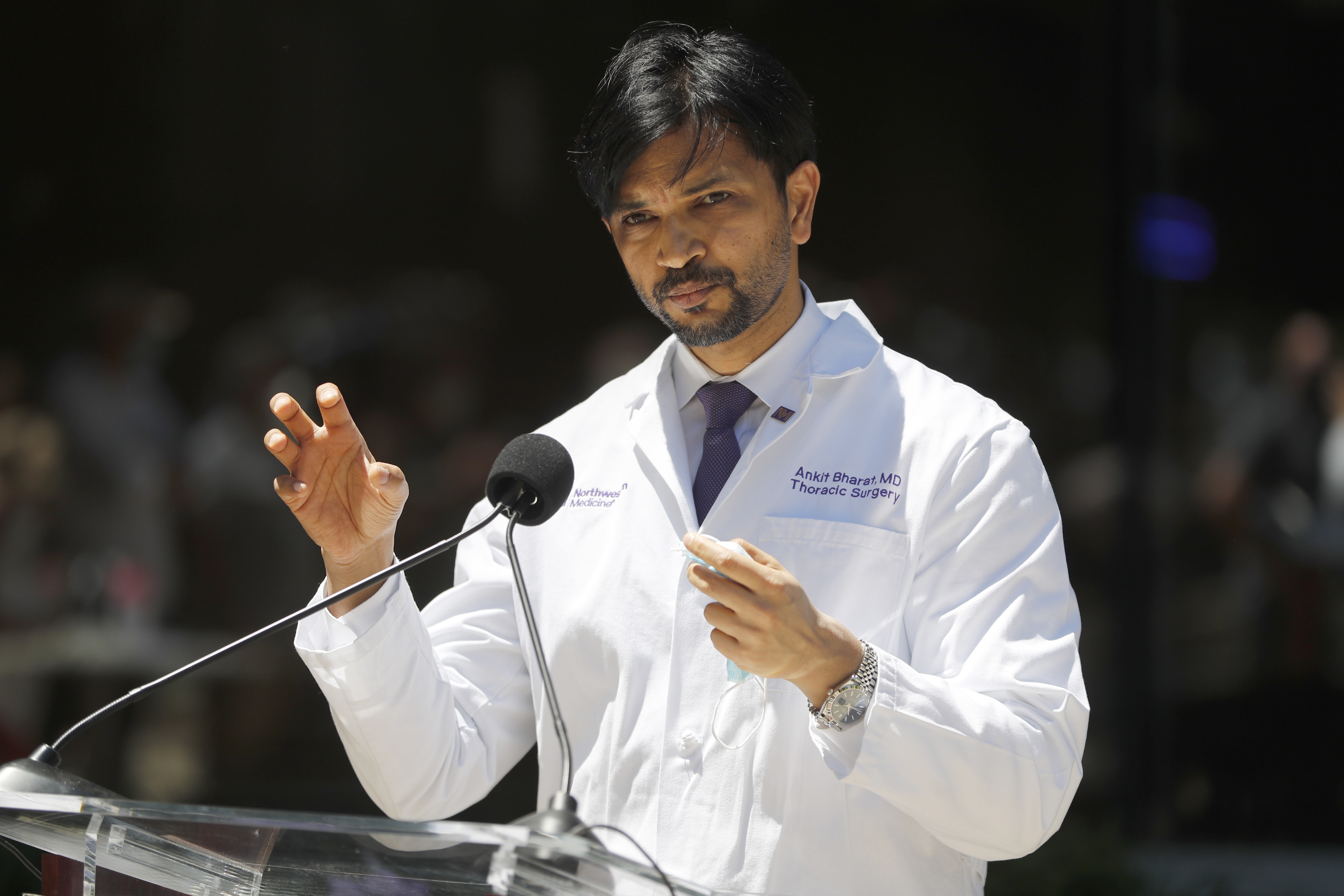 Dr. Ankit Bharat, chief of thoracic surgery at Northwestern Memorial Hospital, talks on Thursday, in Chicago, about a double lung transplant he performed on a Chicago woman.