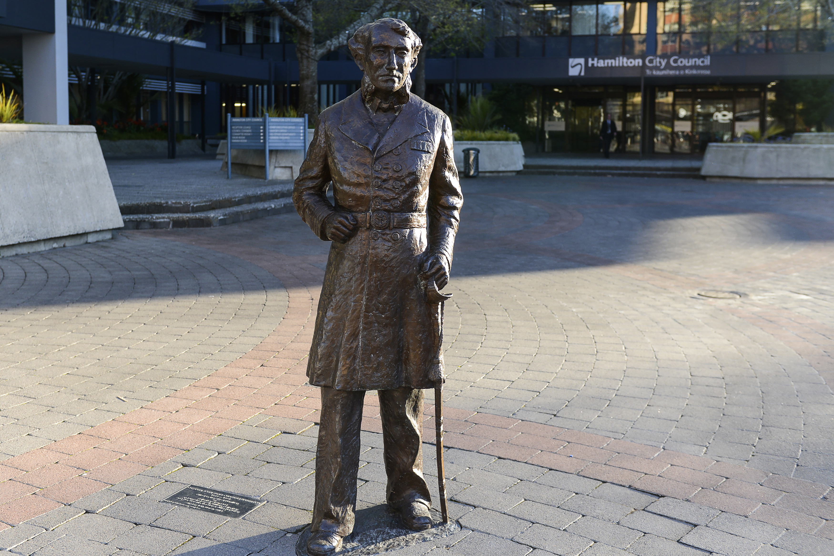 The bronze statue of British Captain John Fane Charles Hamilton before it was removed from a square in central Hamilton, New Zealand, on Friday.