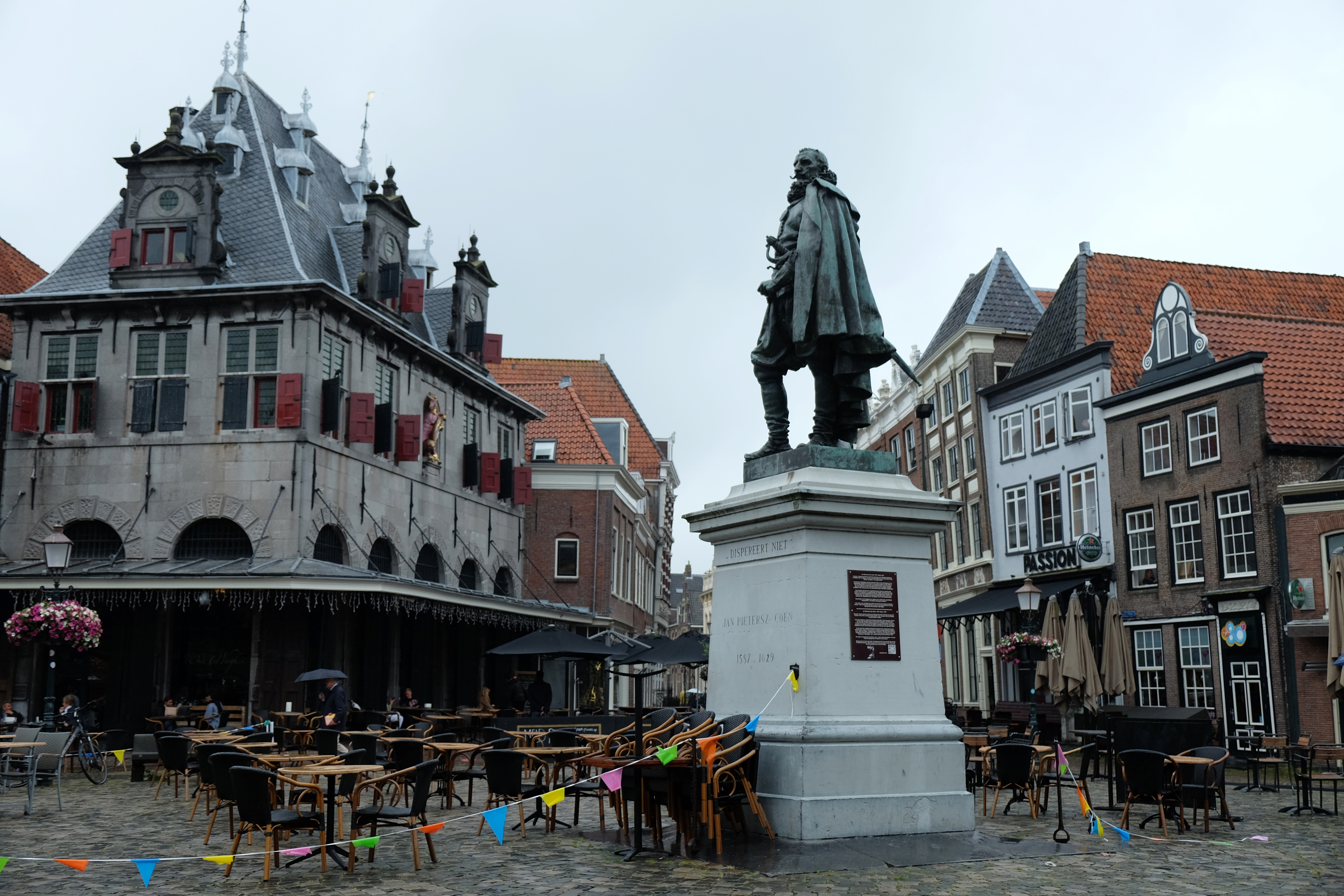 A statue of the Dutch Golden Age trader and brutal colonialist Jan Pieterszoon Coen stands tall above a square in his hometown of Hoorn, north of Amsterdam, Netherlands on Thursday.