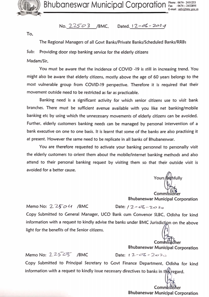 BMC forbade senior citizens to go to the bank, fearing a corona  infection, ବରିଷ୍ଠ ନାଗରିକଙ୍କୁ କୋରୋନା ସଂକ୍ରମଣ ଆଶଙ୍କା, ବରିଷ୍ଠ ନାଗରିକଙ୍କୁ ବ୍ୟାଙ୍କ ବାରଣ କଲା ବିଏମସି, ଭୁବନେଶ୍ବର ମ୍ୟୁନିସିପାଲ କର୍ପୋରେସନ