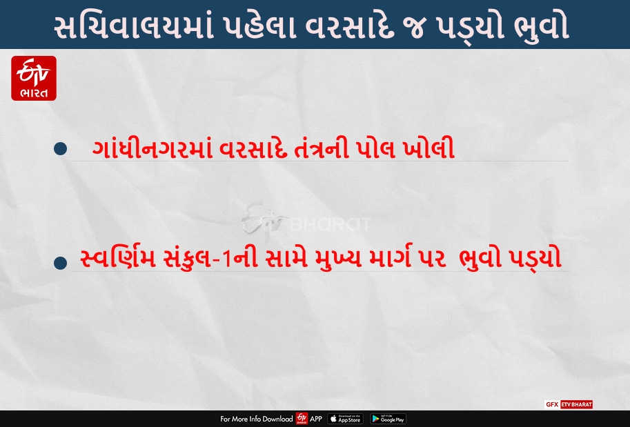 ચોમાસાના પ્રારંભમાં જ સ્વર્ણિમ સંકુલ 1ની સામે ભુવો પડ્યો