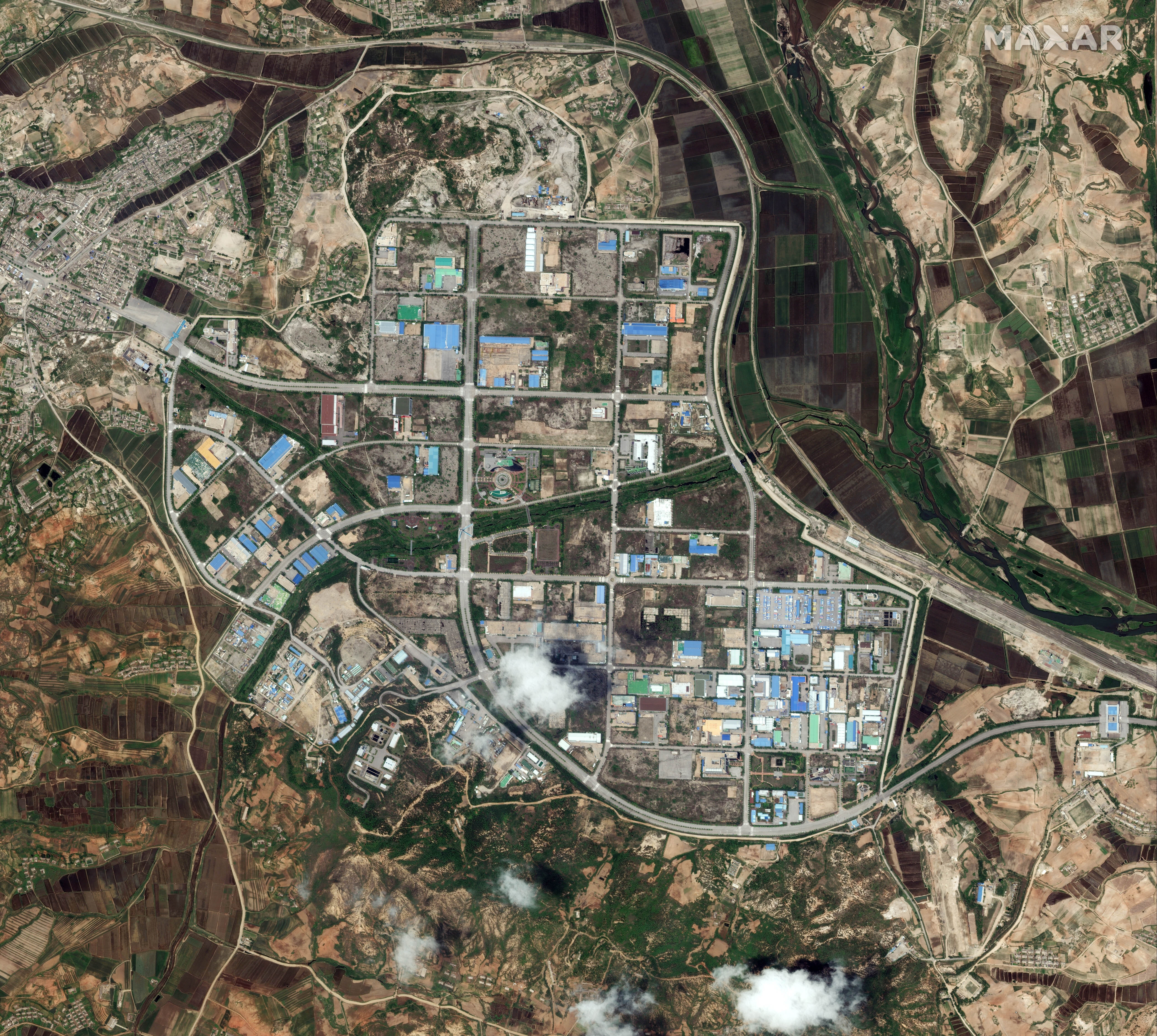 An overview of a shuttered joint industrial park, where an inter-Korean liaison office building is located in Kaesong, North Korea.