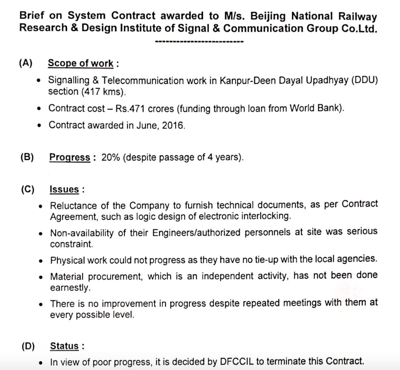 Railways to terminate Chinese company's contract due to 'poor progress'