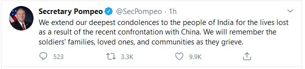 Pompeo extends deepest condolences to Indians for loss of soldiers' lives in clashes with Chinese