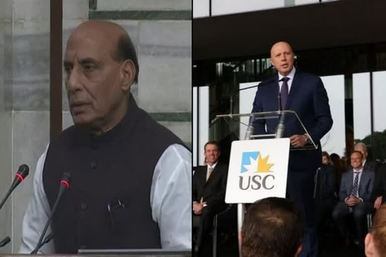 Rajnath Singh talks to his Australian counterpart Rajnath Singh talks to Peter Dutton Peter Dutton Rajnath Singh കൊവിഡ് പ്രതിരോധം കൊവിഡ് ഓസ്‌ട്രേലിയൻ പ്രതിരോധമന്ത്രിയുമായി രാജ്‌നാഥ് സിങ് ചർച്ച നടത്തി ഓസ്‌ട്രേലിയൻ പ്രതിരോധമന്ത്രി ഓസ്‌ട്രേലിയ Australia രാജ്‌നാഥ് സിങ് Union Defense Minister Rajnath Singh Union Defense Minister Australian Minister for Defence പീറ്റർ ഡട്ടൻ ക്വാഡ് quad 2+2 ഡയലോഗ് 2+2 Dialogue